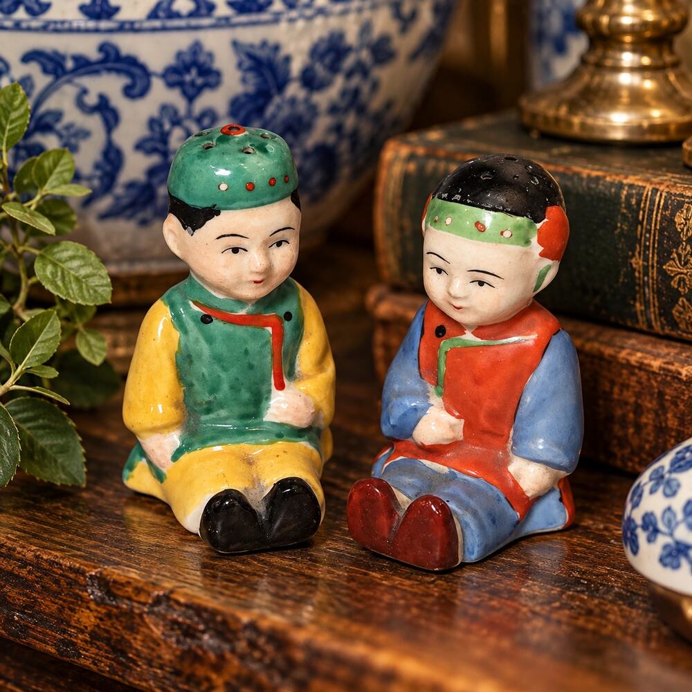 Vintage 1950s Asian Couple Salt Pepper Shakers Seated Figural Ceramic